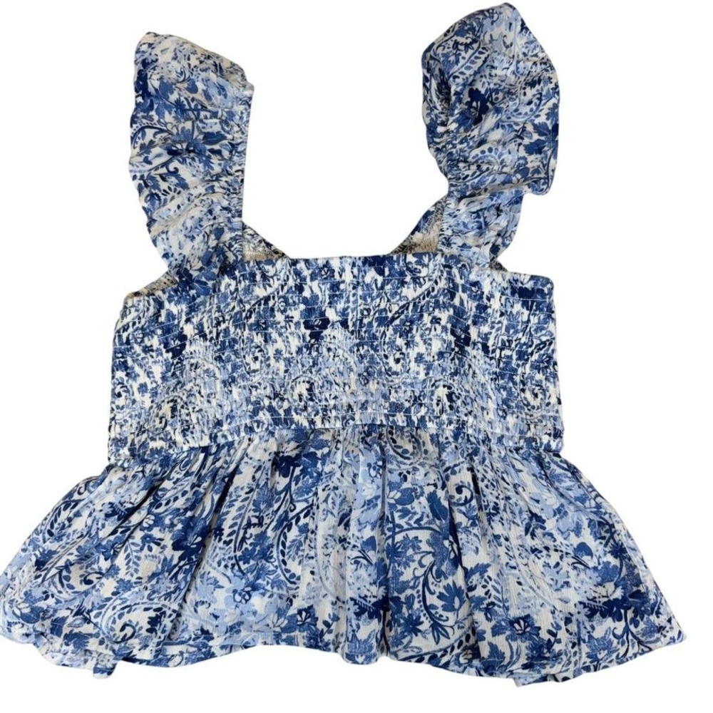 Hollister Smocked Floral Paisley Babydoll Tank Top Blue White Womens S - Picture 2 of 8